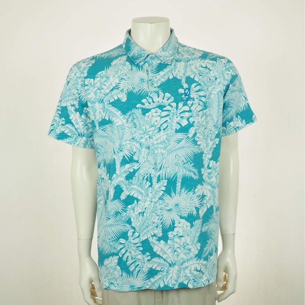 Tori Richard Hawaiian Polo Shirt Mens Large Blue Floral OCC Outrigger Canoe Club